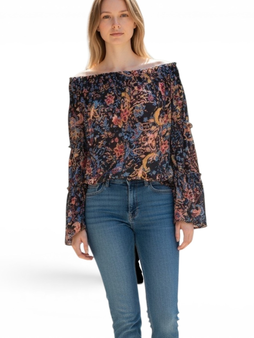 Free People Free Spirit Off The Shoulder Top Viscose Bohemian Bell Sleeves XS